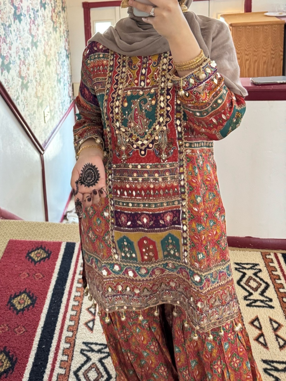 Vibrant Embroidered Red & Teal Ethnic Dress with Gold Accents